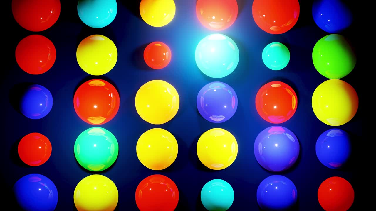 composición abstracta de bolas de colores en el plano, que se iluminan al azar y se reflejan entre sí. esferas multicolores como leds como simple fondo oscuro geométrico con efectos de luz.