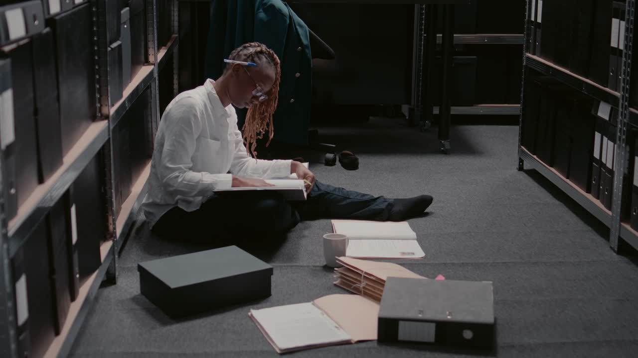 A woman is working on an investigation in an office