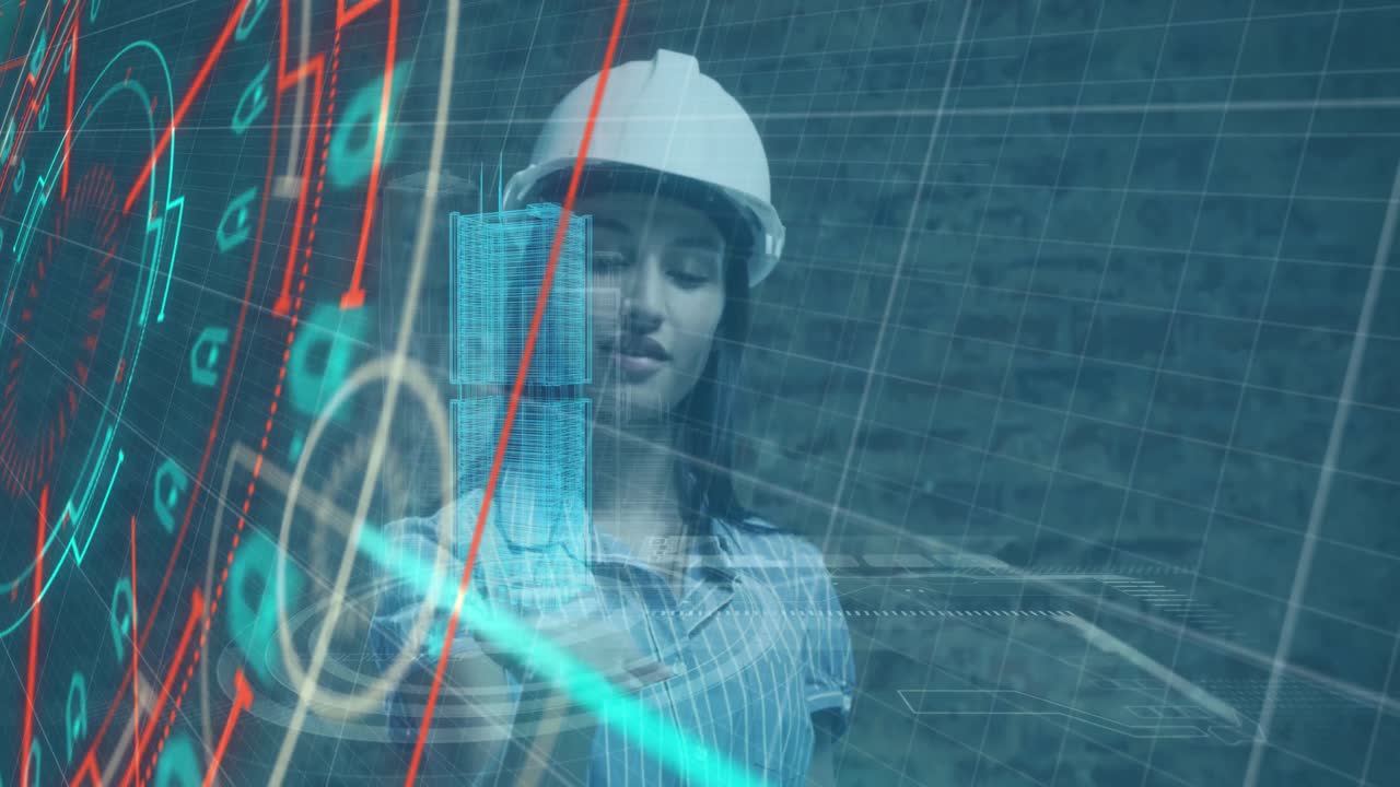 animación de procesamiento de datos sobre una trabajadora caucásica con holograma