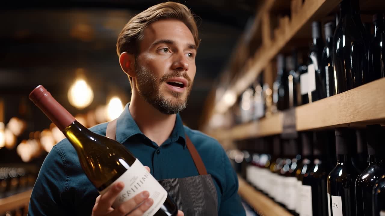 Uomo in grembiule esamina una bottiglia di vino con interesse concentrato. L'illuminazione calda mette in risalto scaffali pieni di vino. Esamina l'etichetta, suggerendo un'attenta selezione. Ideale per scene di degustazione di vini, vendita al dettaglio
