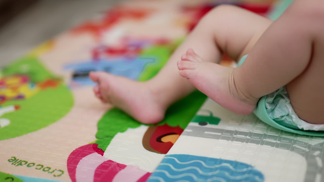 Adorable baby legs and feet. Caucasian infant lies on back and steps tiny feet by the colorful mat. Close up. Blurred backdrop.