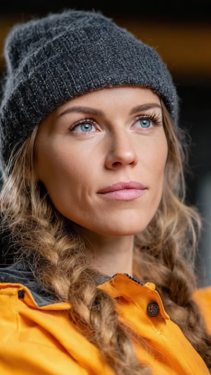 A Close-Up Portrait of a Thoughtful Woman in an Outdoor Setting, Wearing a Cozy Beanie and Vibrant Jacket, Reflecting on Nature's Beauty and Adventure