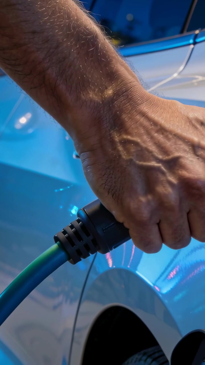 Vertical video: Reaching male forearm and hand plugging green-black charger into EV inlet to charge
