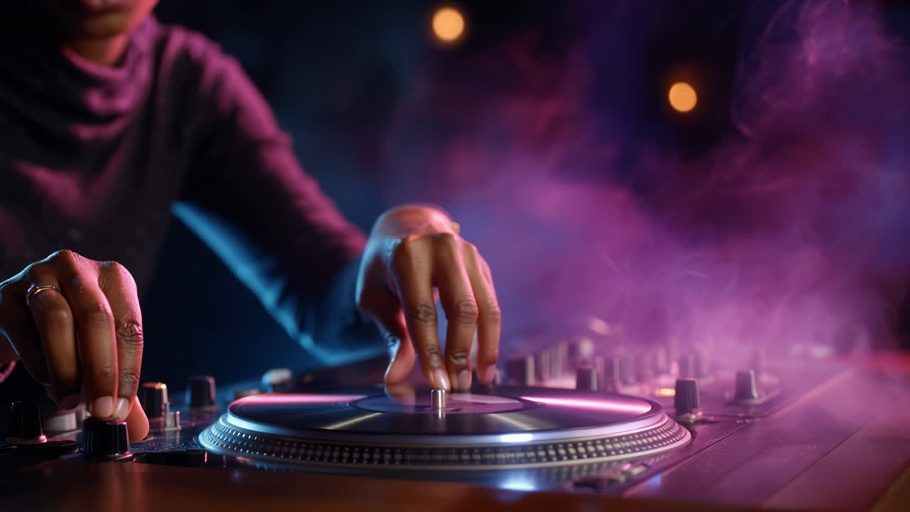 Purple smoke swirls around glowing turntables. Hands glide over knobs and platters with focused precision. Dj's presence radiates energy and rhythm. Perfect for music, nightlife, or dance club visuals