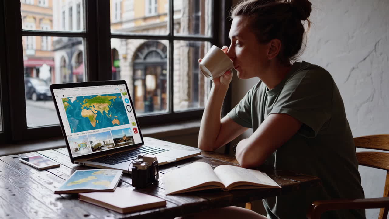 Woman relaxing in a cafe, working on a laptop and drinking coffee