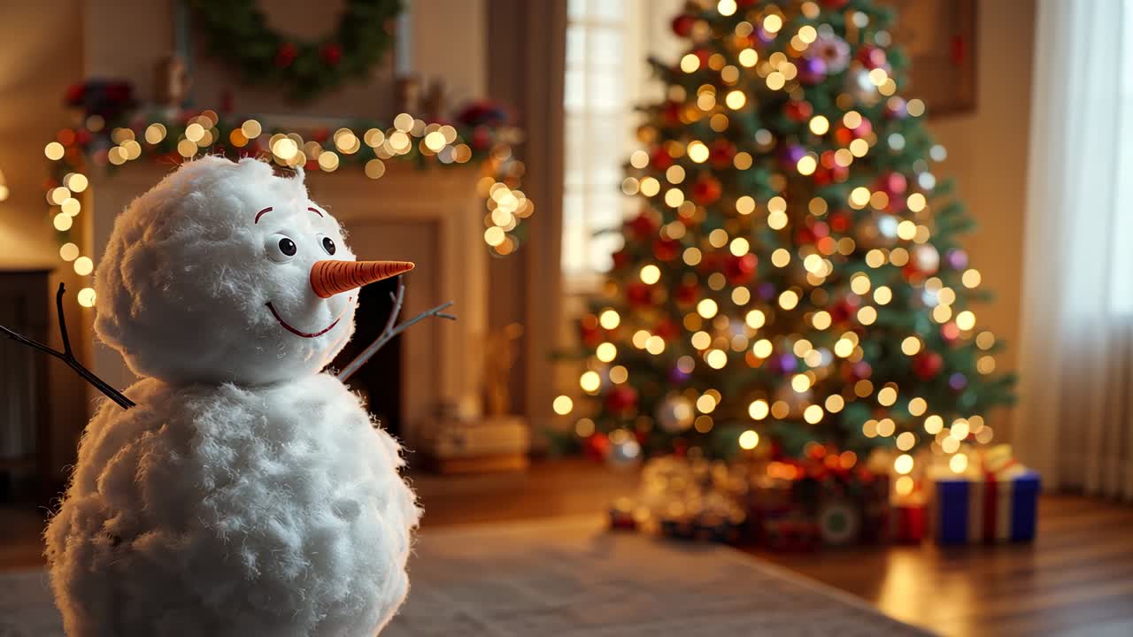 Flickering tree lights lighting snowman standing on living room rug with tree ornaments, copy space