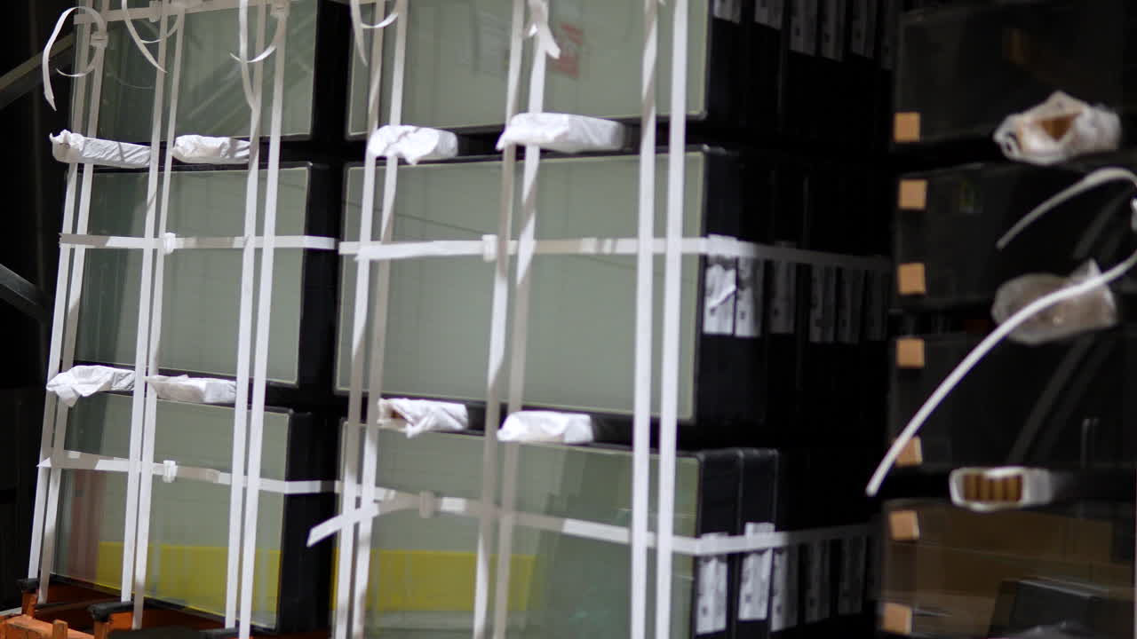 Grandi pannelli di vetro industriali o telai di finestre, imballati e fissati con cinghie bianche in un magazzino commerciale. Perfetto per contenuti di produzione e logistica.