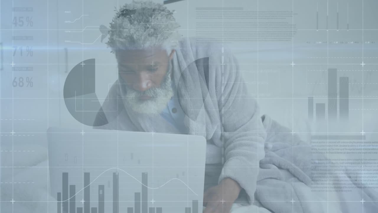 Animation of statistical data processing against african american senior man using laptop at home