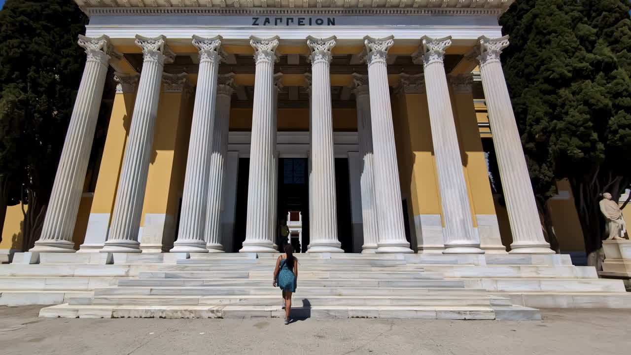seguimiento en cámara lenta de una turista ingresando a la sala zappeion en grecia