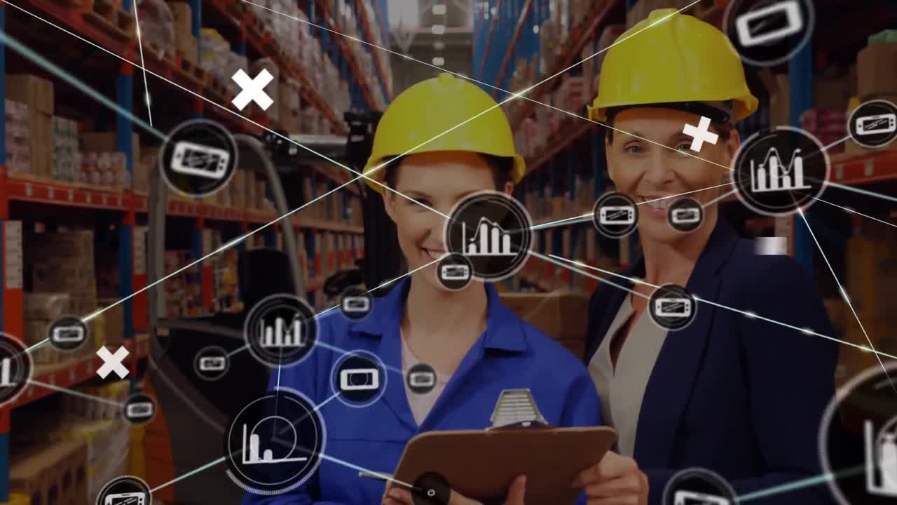 animación de la red de conexiones entre diversos trabajadores en el almacén