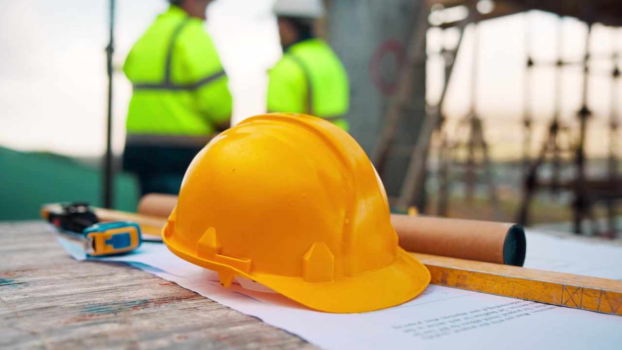 Casco giallo su progetto edilizio in un cantiere