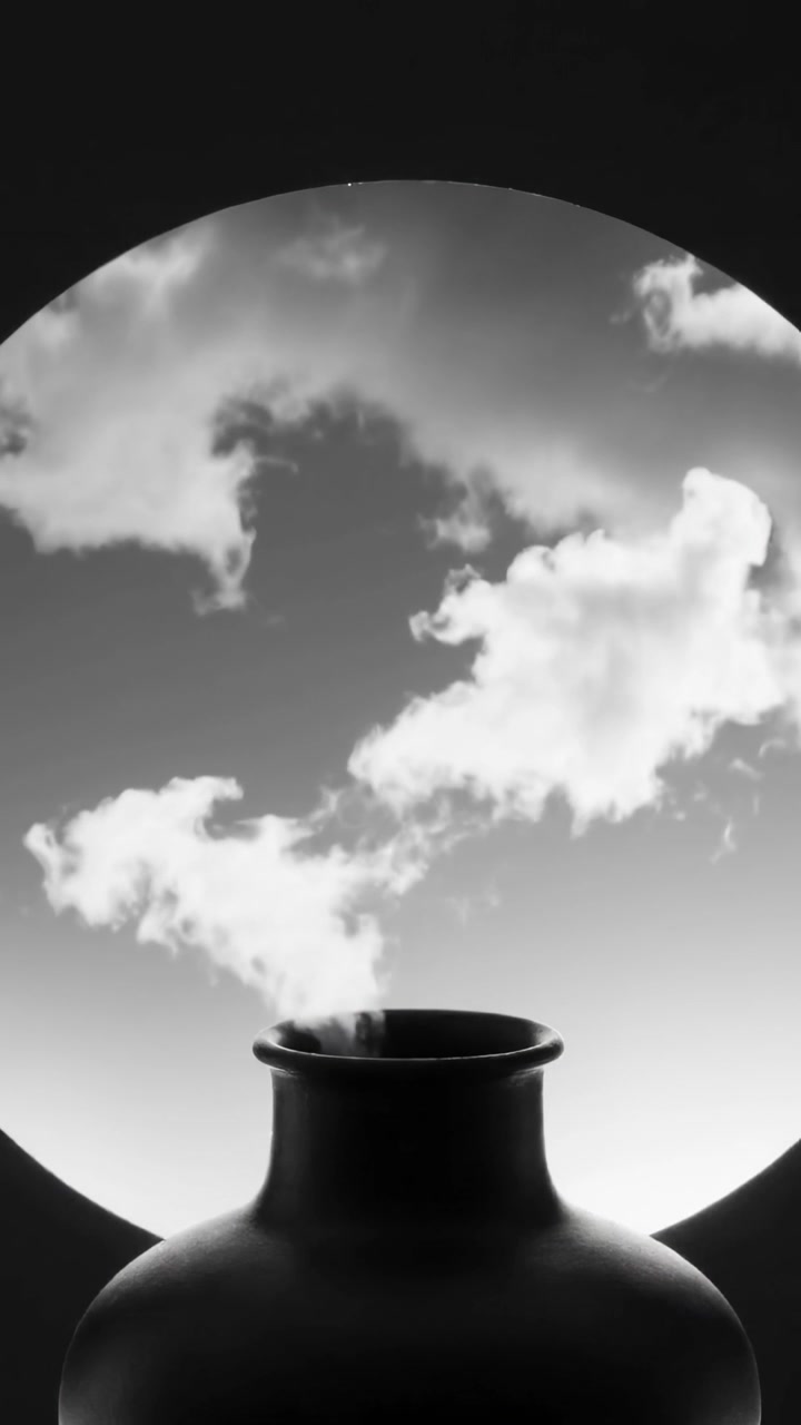 Video verticale: Vaso scuro che inizia a emettere vapore dal collo all'apertura rotonda, con nuvole che fluttuano.