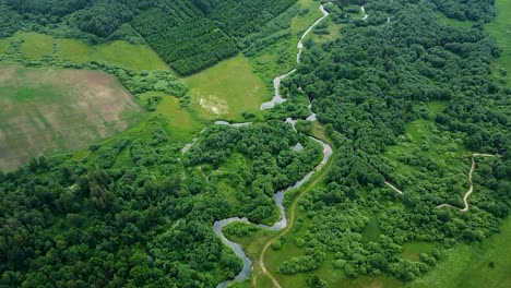 Beautiful-aerial-birdseye-view-of-Sventaja-river-in-sunny-summer-day,-wide-angle-high-altitude-drone-shot-moving-forward