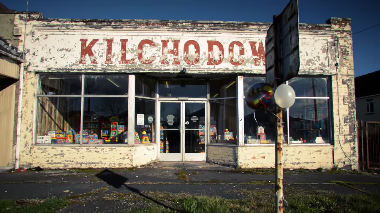 A Nostalgic Look at an Abandoned Toy Storefront Reflecting the Passage of Time with Weathered Paint and Playful Display Items Inside