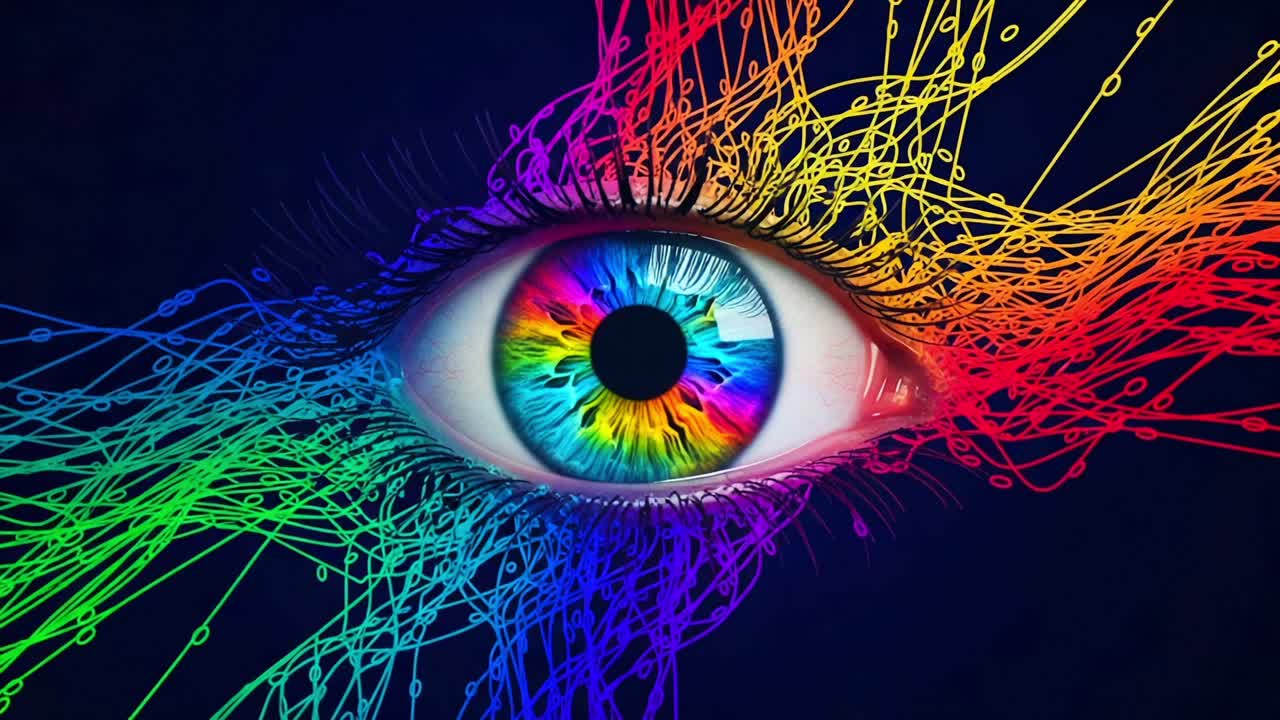 A Vibrant and Colorful Eye Illustration with Dynamic Energy Lines Radiating from the Iris, Showcasing Intricate Details and Eye-Catching Visuals