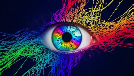 a vibrant and colorful eye illustration with dynamic energy lines radiating from the iris, showcasing intricate details and eye-catching visuals