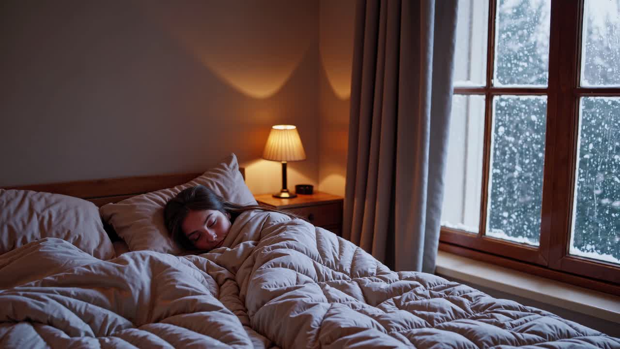 Cozy bedroom scene with a woman sleeping, warm lighting, and snow outside