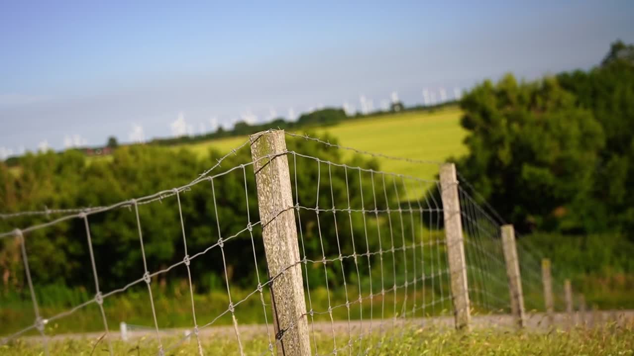 독일 북부 의 모래 언덕 에 있는 가시 와이어 를 가진 울타리. 바다 근처 에 있으며, 좋은 날씨 에 배경 에  ⁇  들 이 있다.