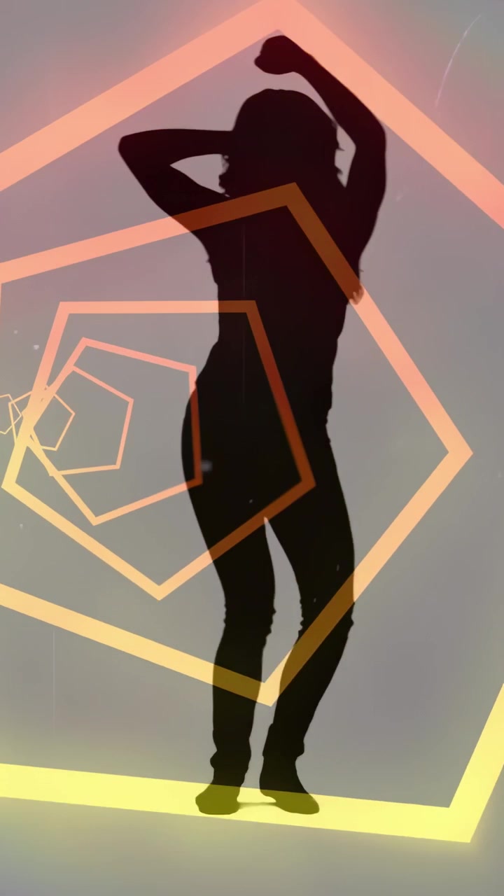 Video verticale: Pentagono pulsante che guida una silhouette che si muove, posa e ondeggia per mostrare un ballo