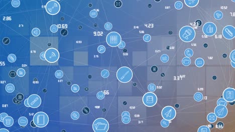 Digitale-Animation-Eines-Netzwerks-Digitaler-Symbole-über-Abstrakten-Quadratischen-Formen-Vor-Blauem-Hintergrund