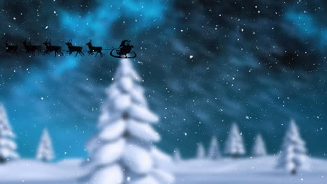 Animation-of-snow-falling-on-santa-claus-in-sleigh-being-pulled-by-reindeers-over-winter-landscape