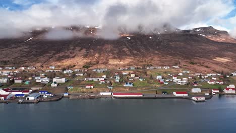 town of faskrudsfjordur in east iceland - aerial sideways