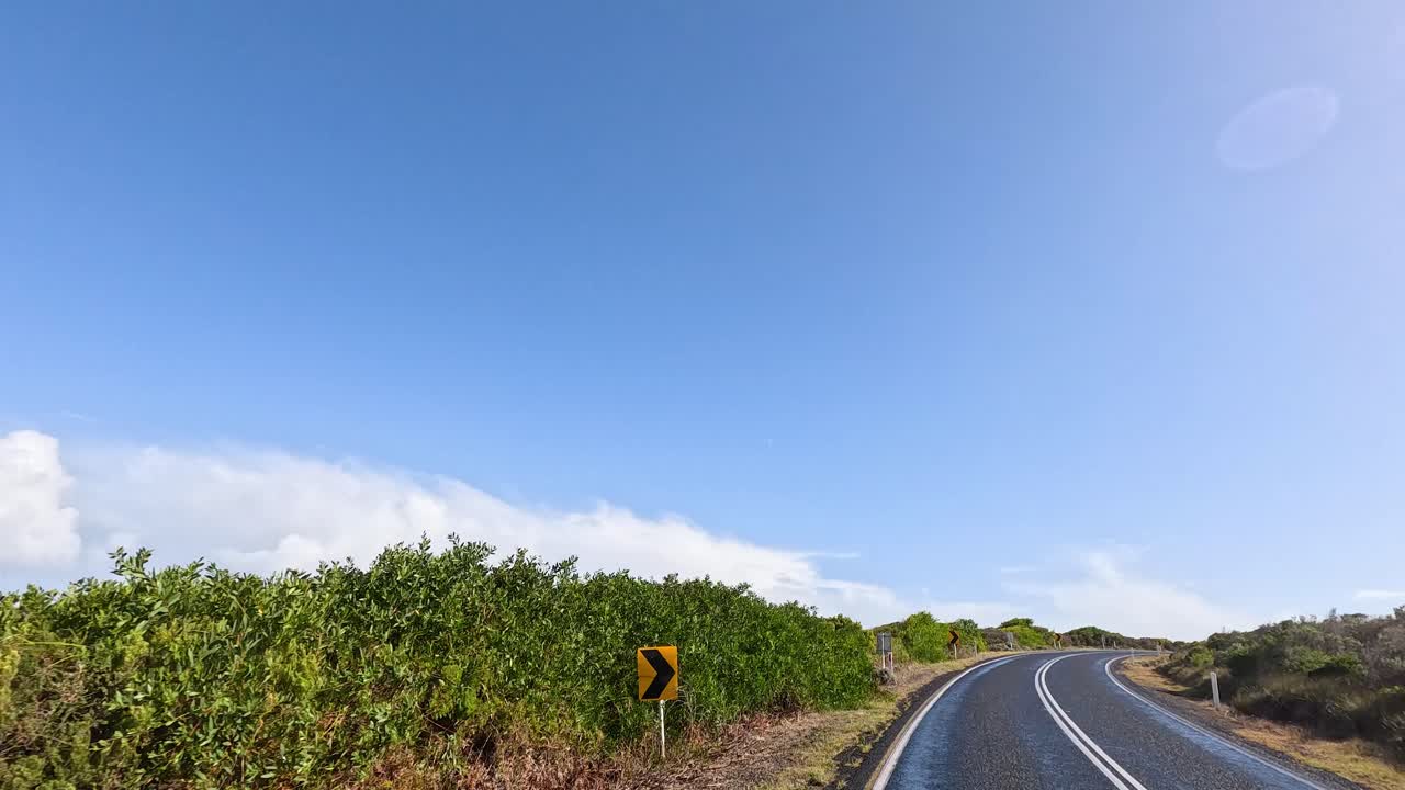 울창 한 초록색 과 휘어지는 도로 를 가로질러 운전