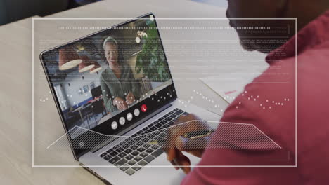 animation of data processing over african american man on laptop video call