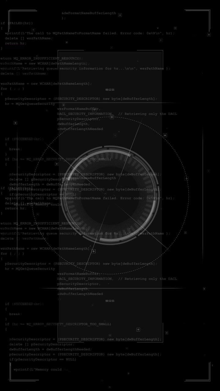 Monochrome hud code interface background with circular scanner grey programming text corner markers