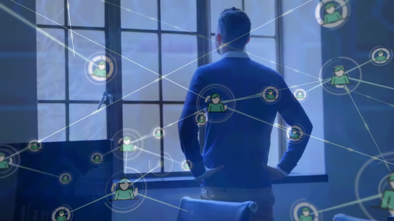 사무실 창문으로 바라보는 백인 사업가에 대한 연결망의 애니메이션