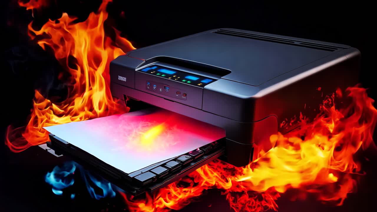 검은색 배경으로 불타는 프린터