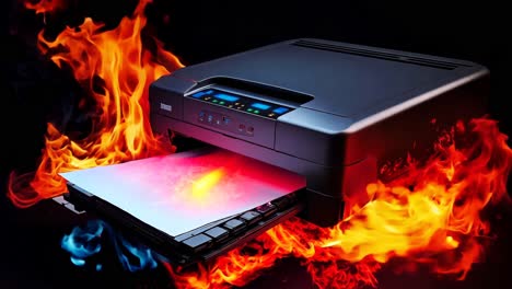 A printer on fire with a black background