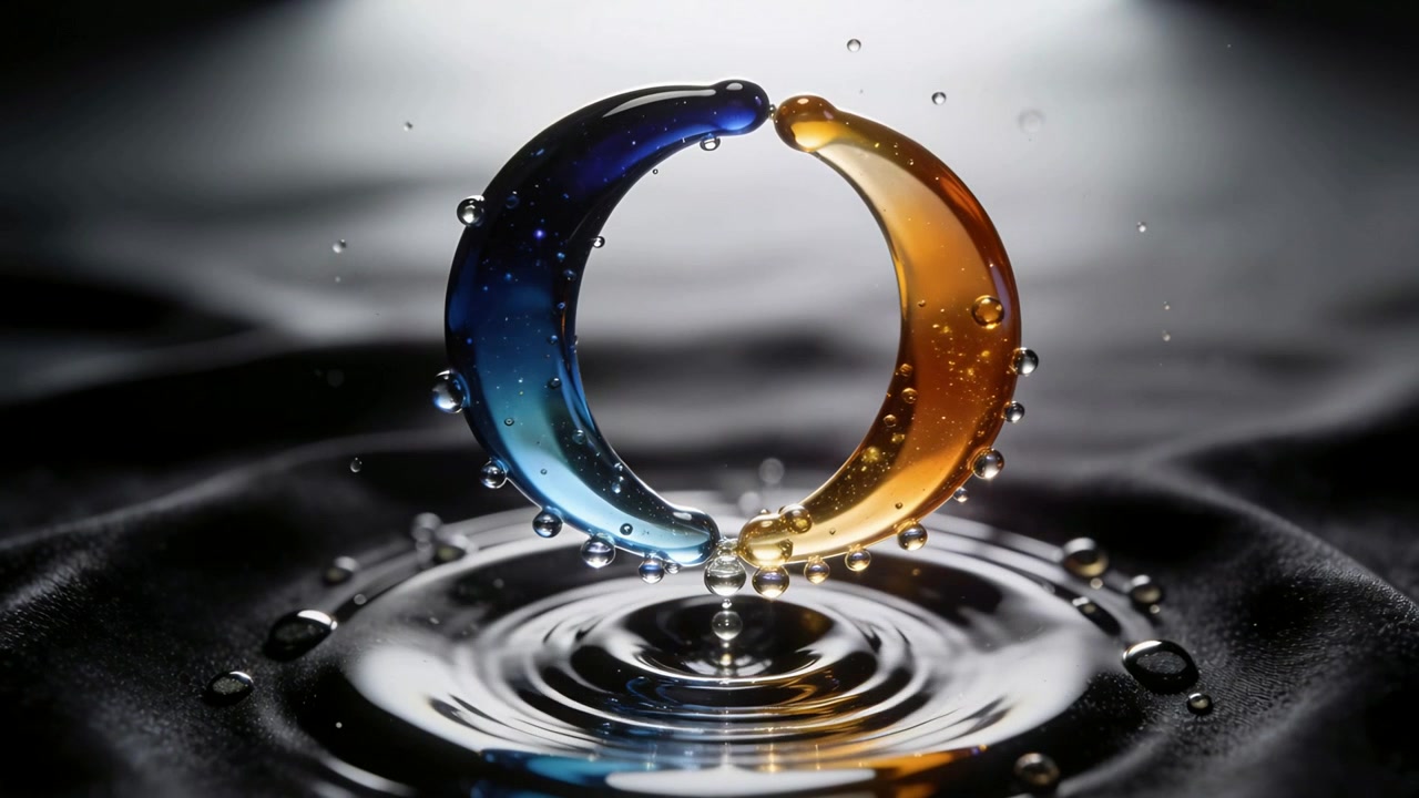 Contacting blue left and amber right crescent drops forming ring above studio pool