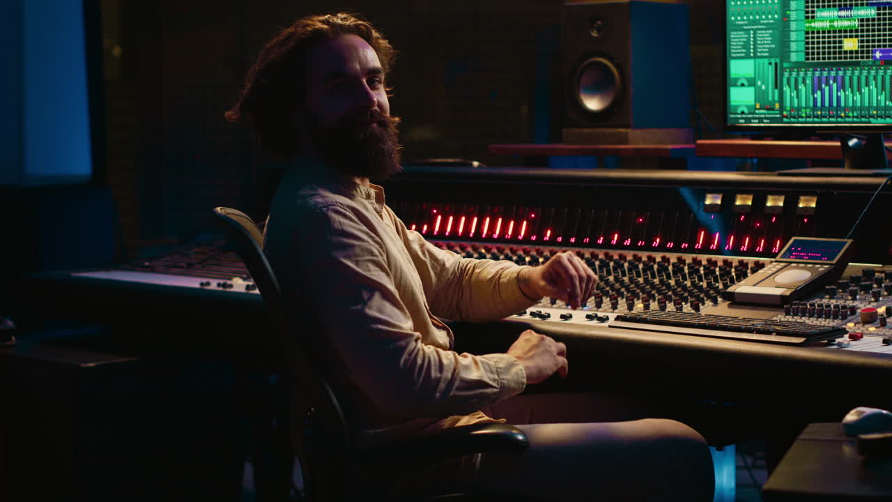 전문 녹음 스튜디오에서 트랙을 싱하고 마스터링하는 사운드 엔지니어