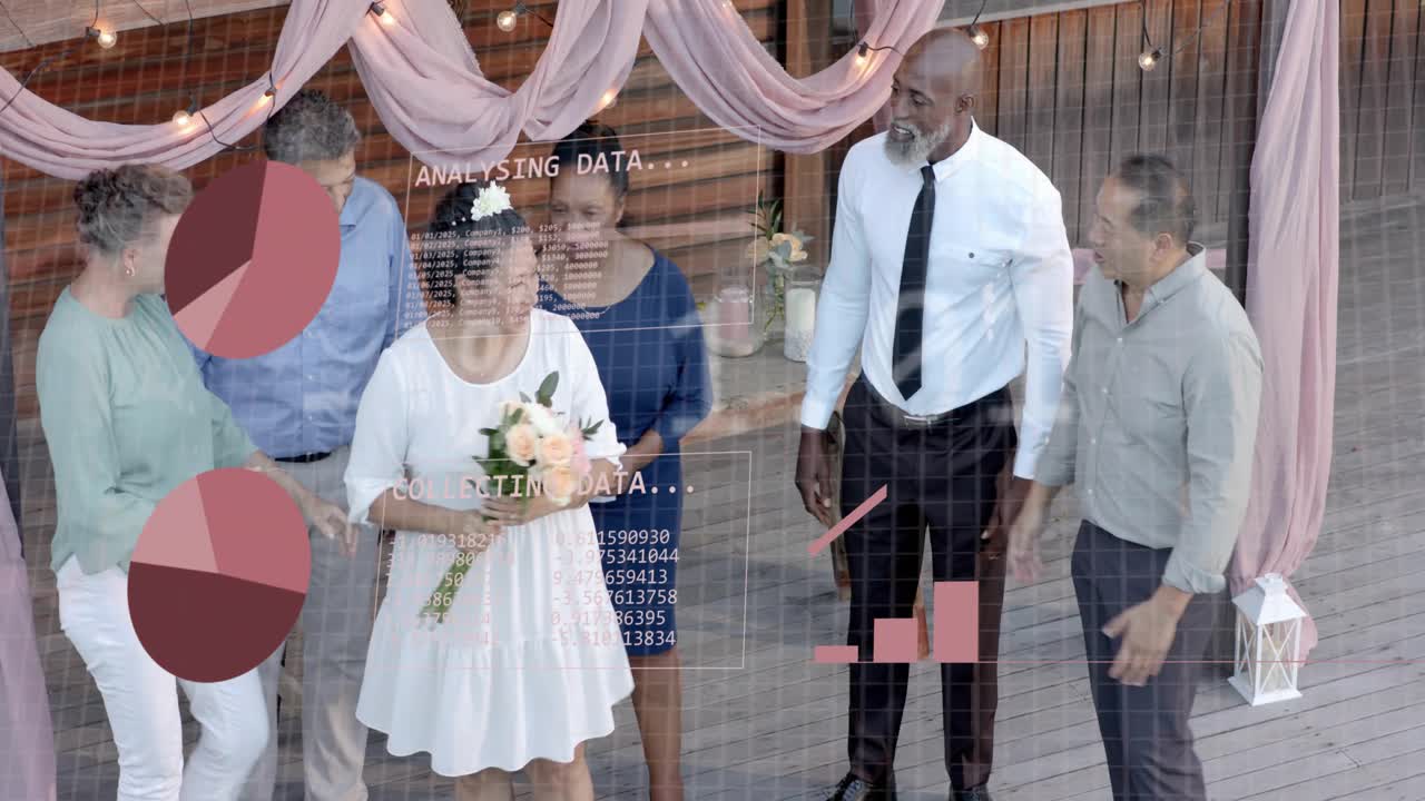 Celebrant approaching and hugging guests on wedding deck, receiving bouquet while charts overlaying
