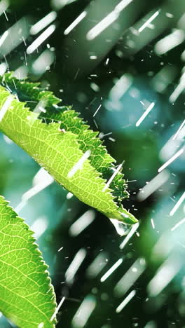 drops of water are falling on the leaves of the tree on the background of garden. Slow motion Vertical video