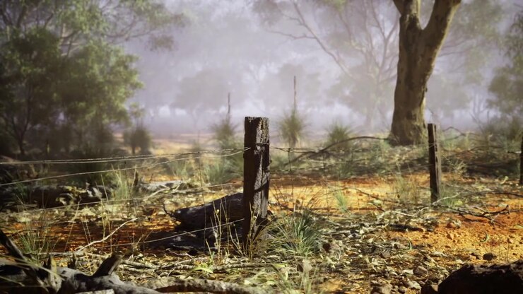 Sundrenched boundary post surrounded by sparse underbrush and seasonal ambiance