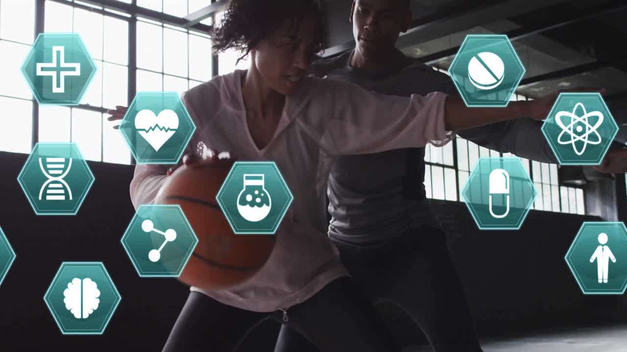 농구를 하는 남자 와 여자 위 에 있는 의료 아이콘 의 애니메이션