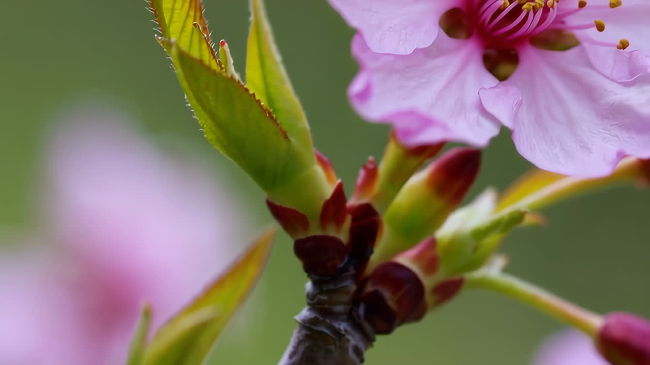 Close-up of Spring Cherry Blossom Buds and New Growth