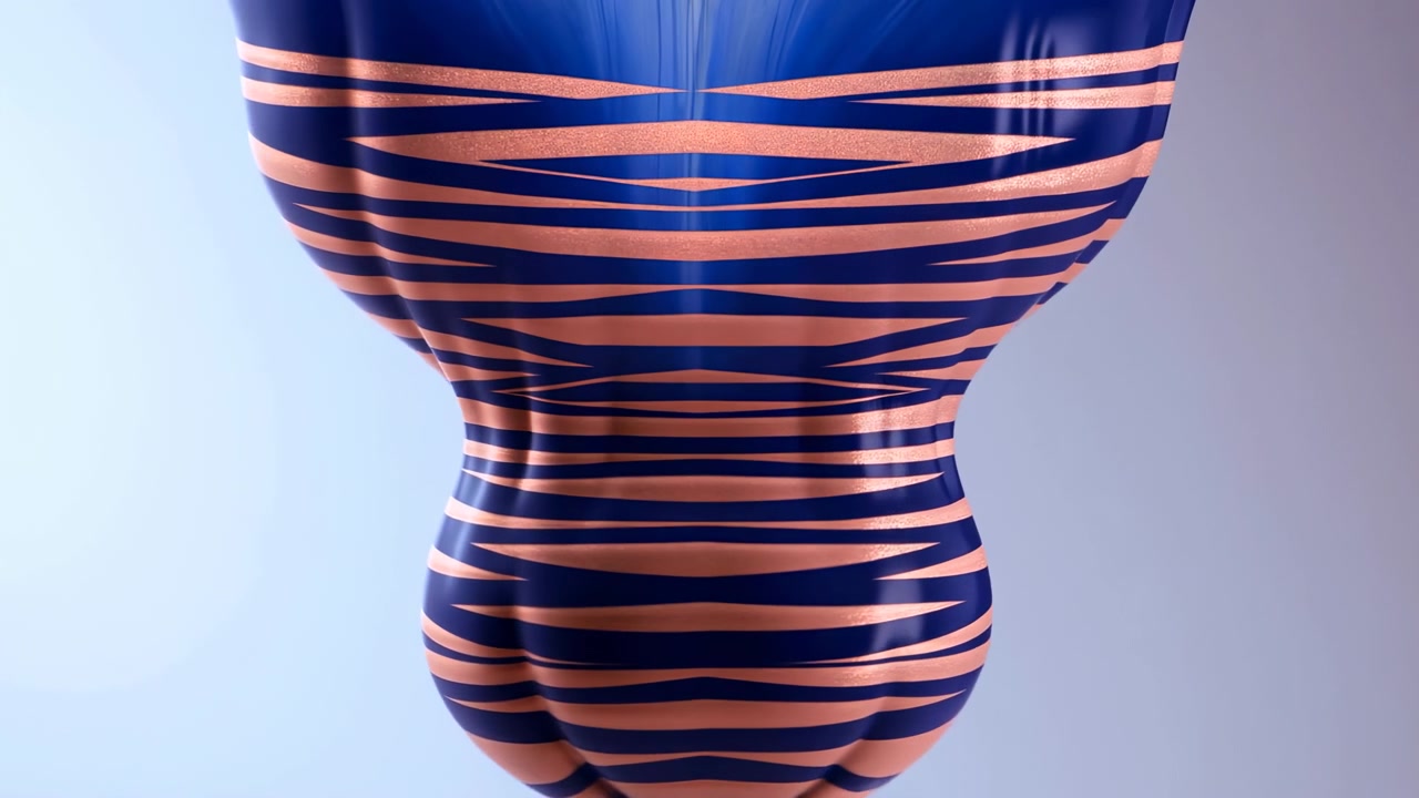 Suspended striped sphere with navy and copper bands tightening around center under soft studio light, creating tension, glossy reflections, subtle shadow, and sculptural abstract form