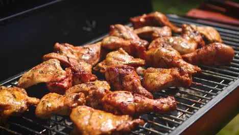 Delicious-chicken-pieces-frying-on-barbecue-grill