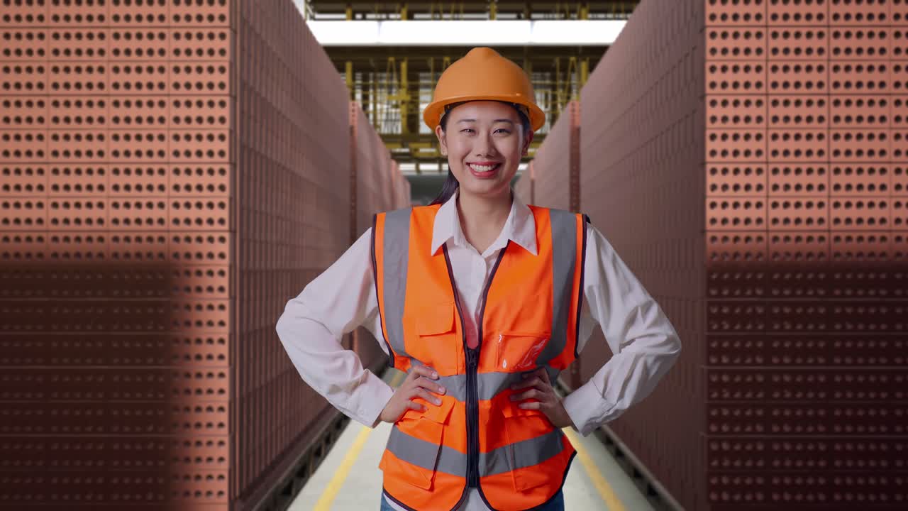 Asian Female Engineer Wearing Safety Helmet Smiling To Camera While Standing With Arms Akimbo With Red Brick Packed in Stacks Are Stored