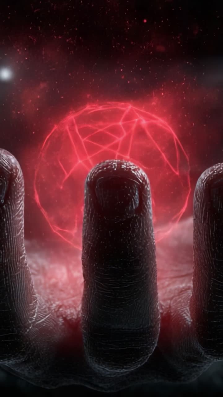 Un misterioso globo luminoso irradia energia in una scena ultraterrena, tenuto delicatamente da una mano dalla texture pronunciata, evocando temi di potere, magia e l'ignoto in un ambiente intensamente scuro.