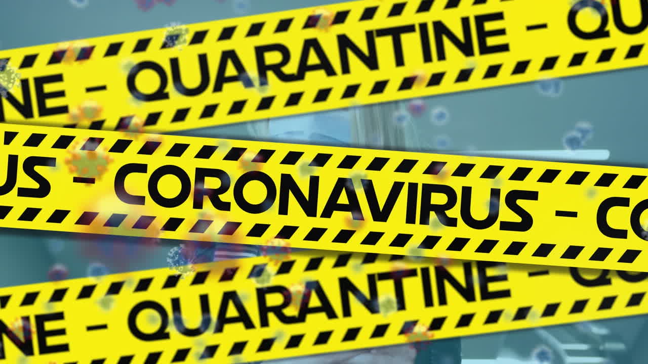 Animazione di testo e cellule di coronavirus su una donna che indossa una mascherina