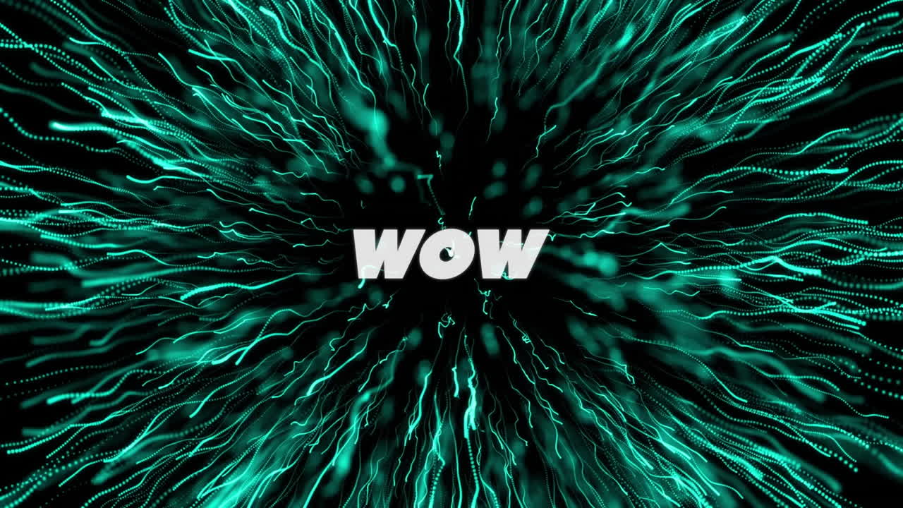 검은색 배경의 빛 트레일 위에 와우 텍스트의 애니메이션