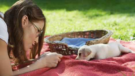 caucasian woman playing with a cute labrador puppy on a blanket on the grass in the park on a summer day