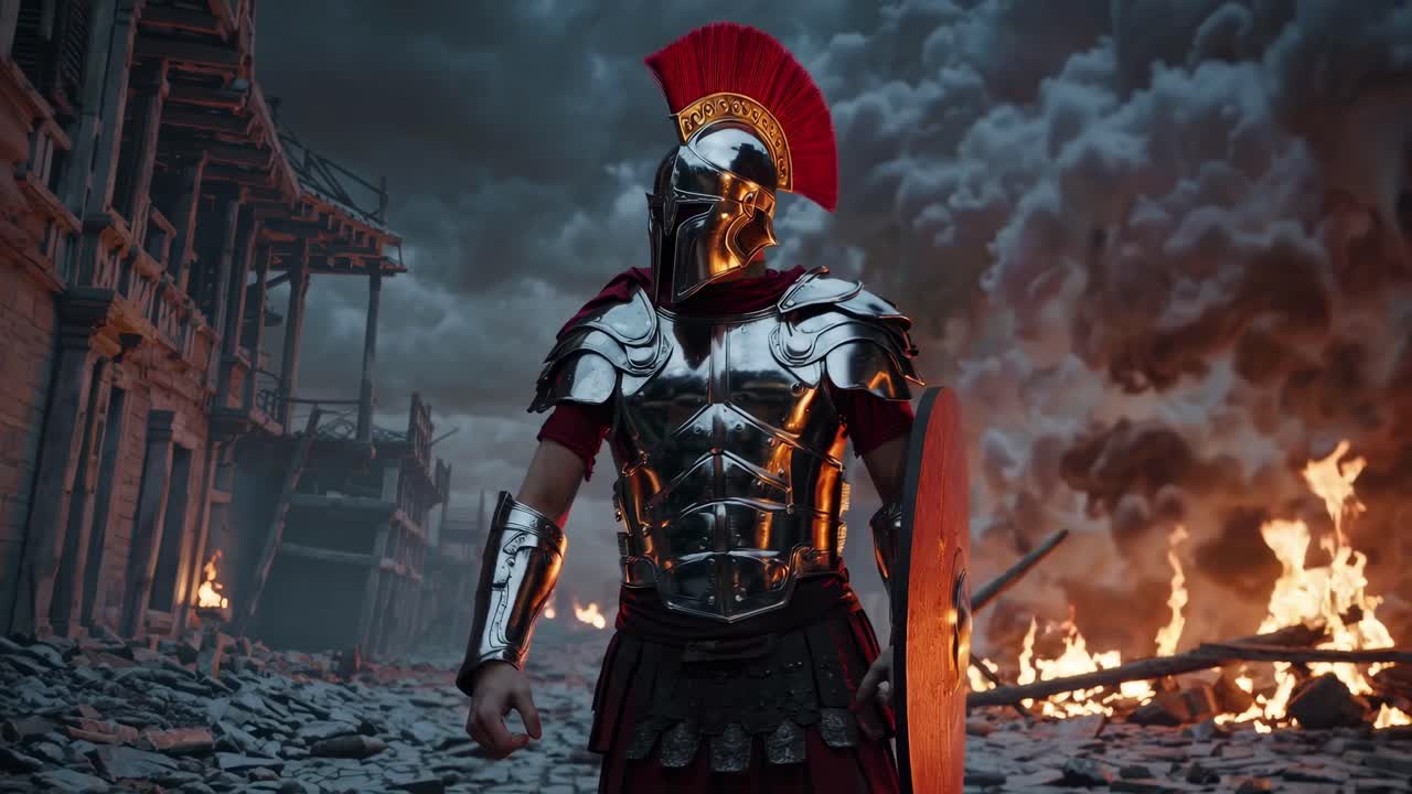 Scena video epica di un soldato romano in armatura tra rovine e fiamme, ripresa da un angolo basso