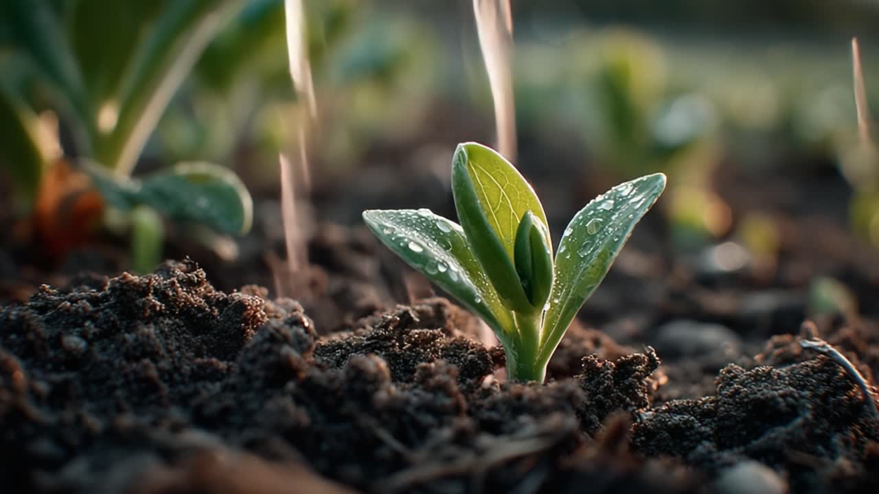 Uma Visão em Close-Up de uma Planta Brotando com Orvalho em Suas Folhas, Exibindo Nova Vida Emergindo do Solo em Meio a um Ambiente de Jardim