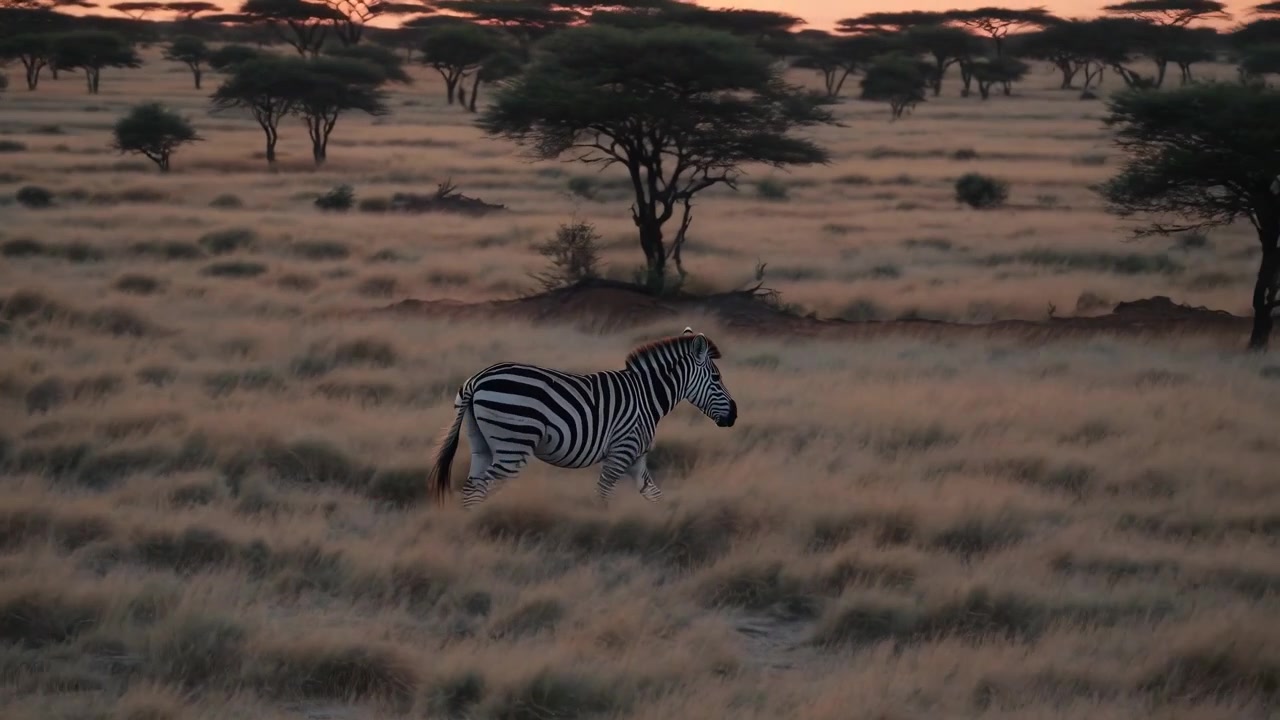 Zebra Walking Through Golden Grassland at Sunset in African Savanna