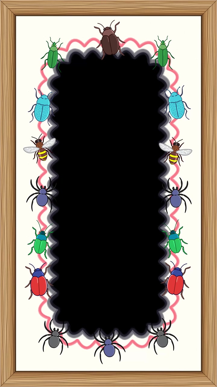 Animated vertical wooden frame with colorful cartoon insects crawling around a central blackboard copy space.